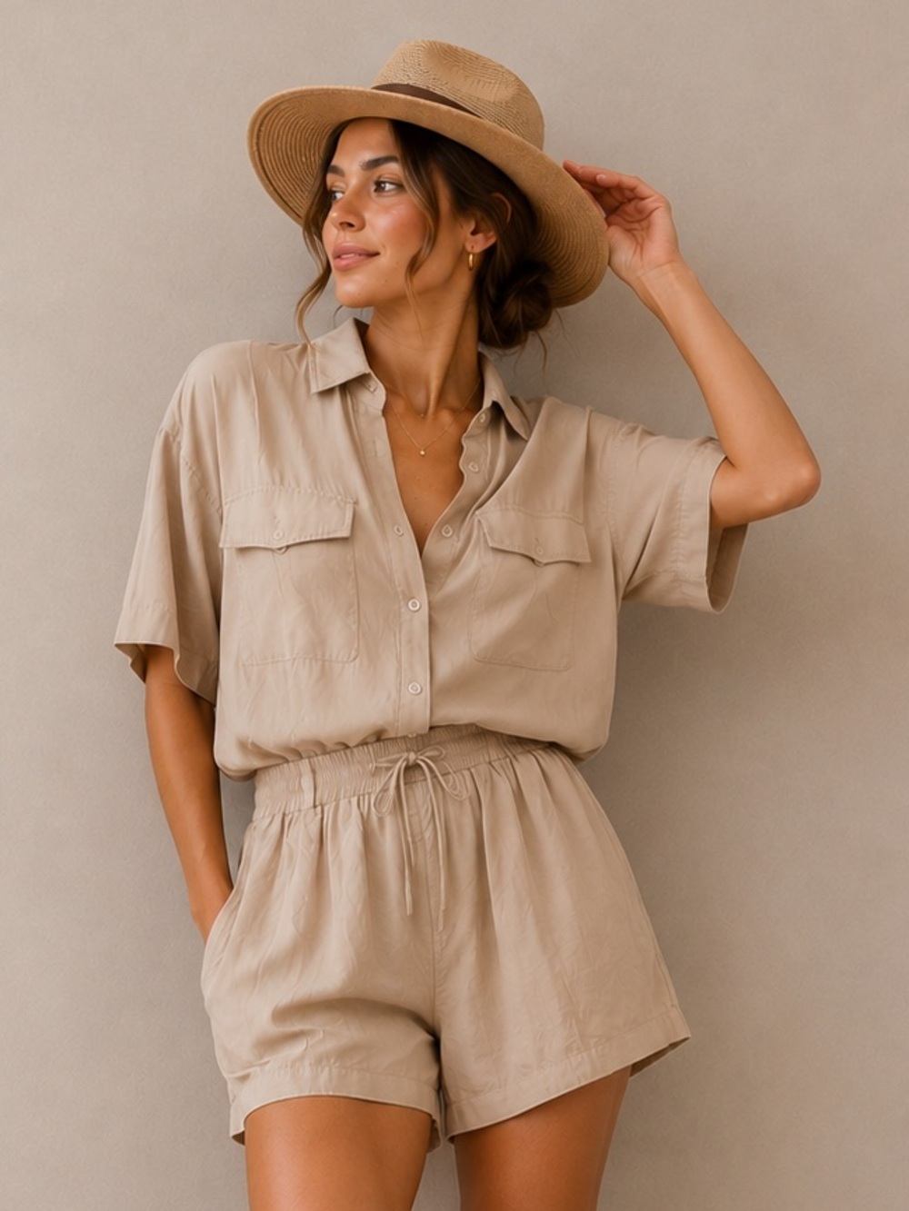 Neutral Beige Utility Shirt & Shorts Set